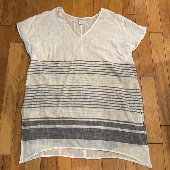 Kona Sol | Gauzy Cover Up | White/Blue | size L | Stripes | V-Neck - Picture 1 of 7